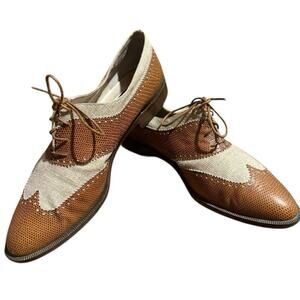 Vintage 80s-90s Phyllis Poland Two Tone Leather Linen Oxford Shoes Italy 9B